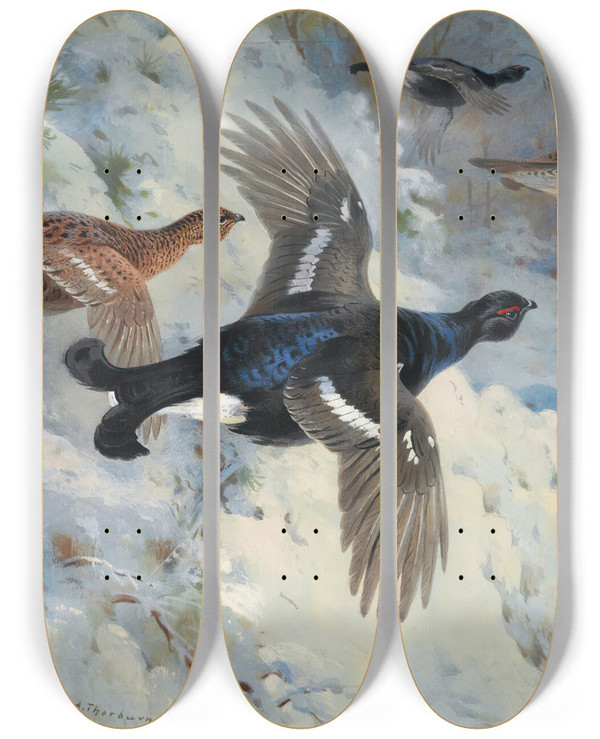 Triptych art skateboard deck of Archibald Thorburn Through The Snowy Covertsblackgame by Archibald Thorburn (1860-1935)