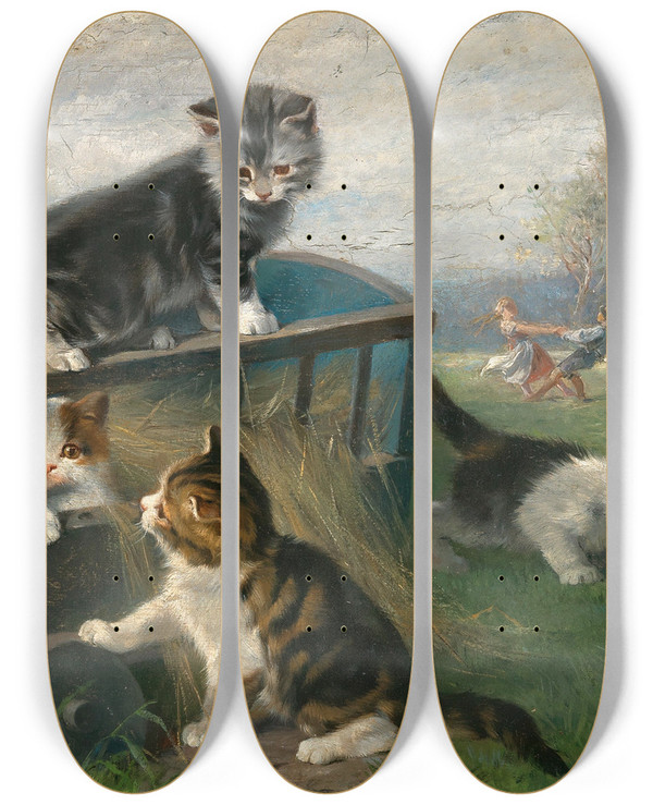 Triptych art skateboard deck of Julius Adam The Younger Kittens Playing On A Cart In The Meadow by Julius Adam The Younger (1852-1913)