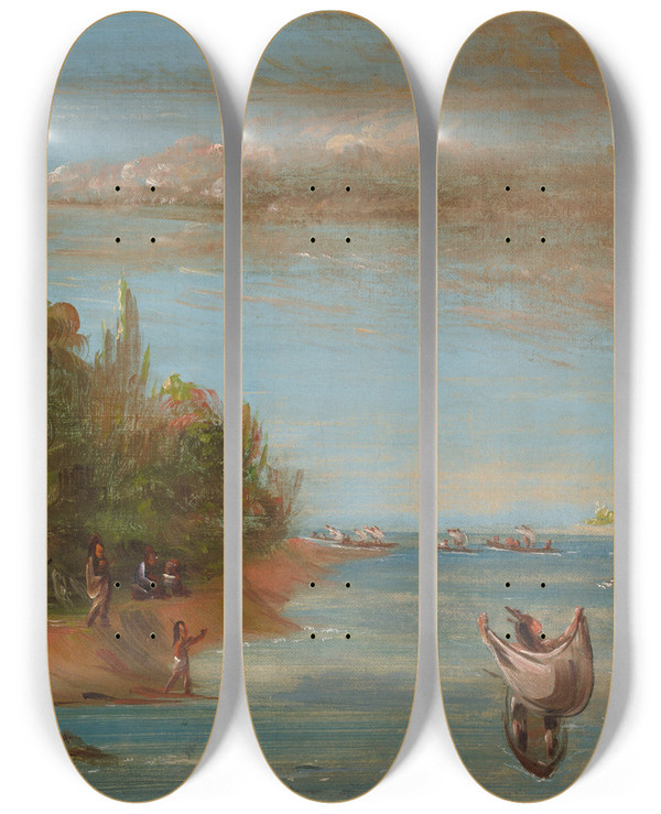 Triptych art skateboard deck of George Catlin Sac And Fox Sailing In Canoes by George Catlin (1796-1872)