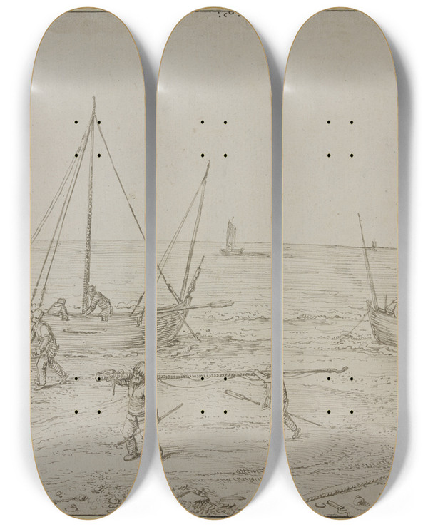 Triptych art skateboard deck of Jacob De Gheyn Ii Meereskste Mit Segelbooten Und Fischern by Jacob de Gheyn II (1565-1629)