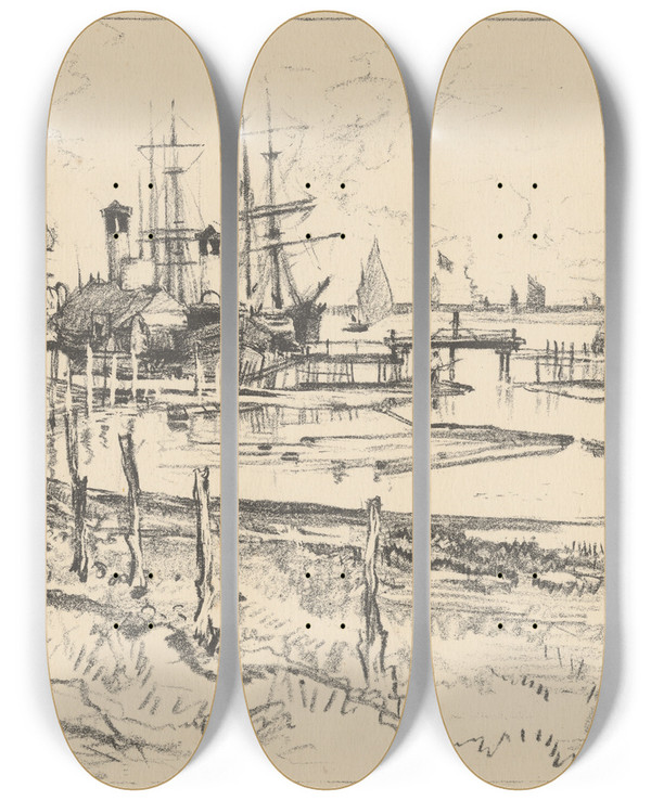 Triptych art skateboard deck of Robert Charles Goff Harbor Scene by Robert Charles Goff (1837-1922)