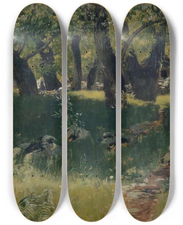 Triptych art skateboard deck of Hans Sandreuter Chestnut Forest Near Bignasco by Hans Sandreuter (1850-1901)