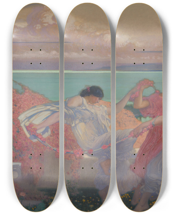 Triptych art skateboard deck of Emile Vloors A Choral Dance by Emile Vloors (1871-1952)