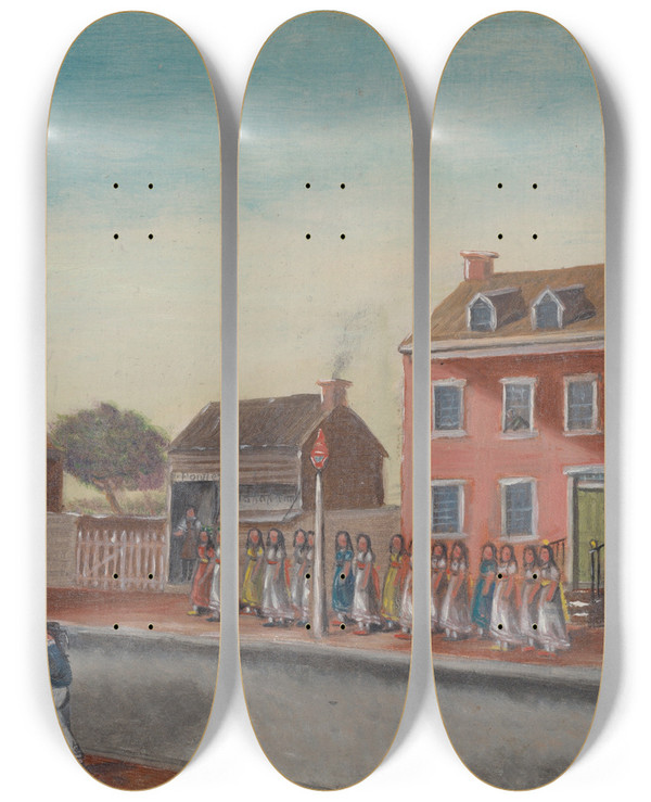 Triptych art skateboard deck of William P Chappel Tea Party by William P Chappel (1801-1878)