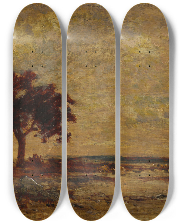 Triptych art skateboard deck of Thodore Rousseau Marshlands by Theodore Rousseau (1812-1867)