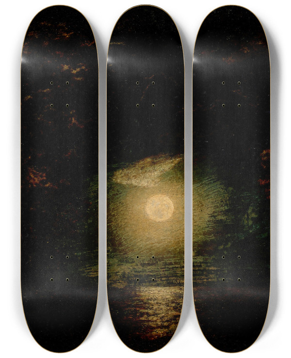 Triptych art skateboard deck of Ralph Albert Blakelock Moonlight_1 by Ralph Albert Blakelock (1847-1919)