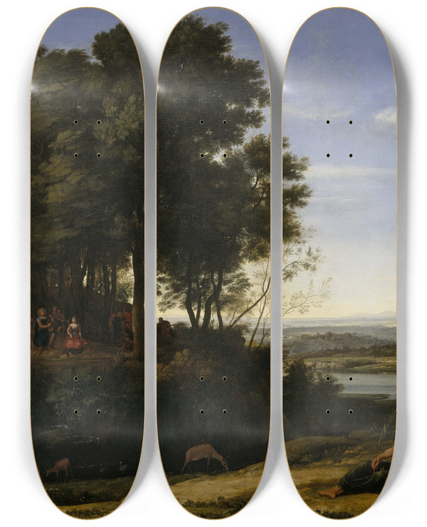 Triptych art skateboard deck of Claude Lorrain Landscape With Apollo And The Muses by Claude Lorrain (1604-1682)