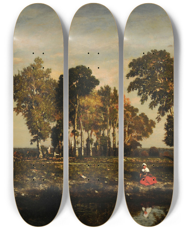 Triptych art skateboard deck of Thodore Rousseau La Mare by Theodore Rousseau (1812-1867)