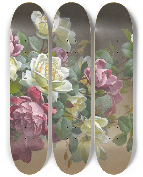 Triptych art skateboard deck of Paul De Longpre Roses by Paul de Longpre (1855-1911)