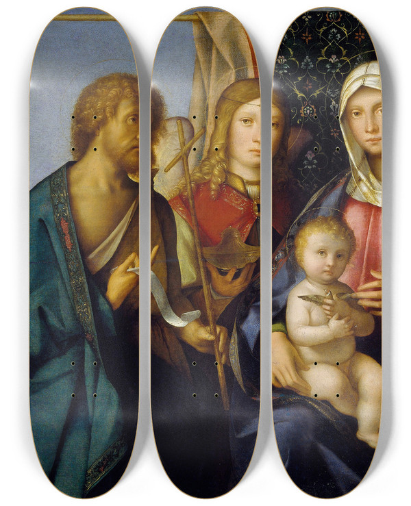 Triptych art skateboard deck of Boccaccio Boccaccino Virgin And Child With Saints And A Donor 15051515 by Boccaccio Boccaccino (1466-1525)