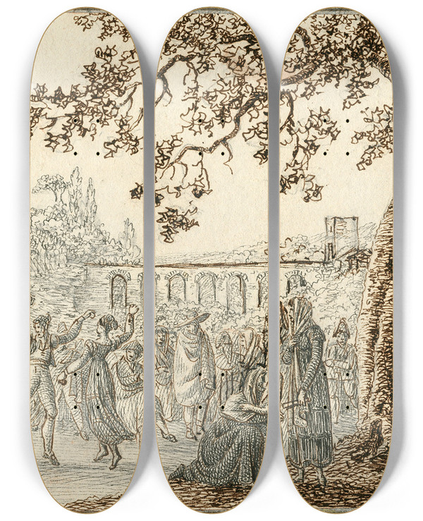 Triptych art skateboard deck of Otto Howen Muzikanten En Dansers_1 by Otto Howen (1774-1848)