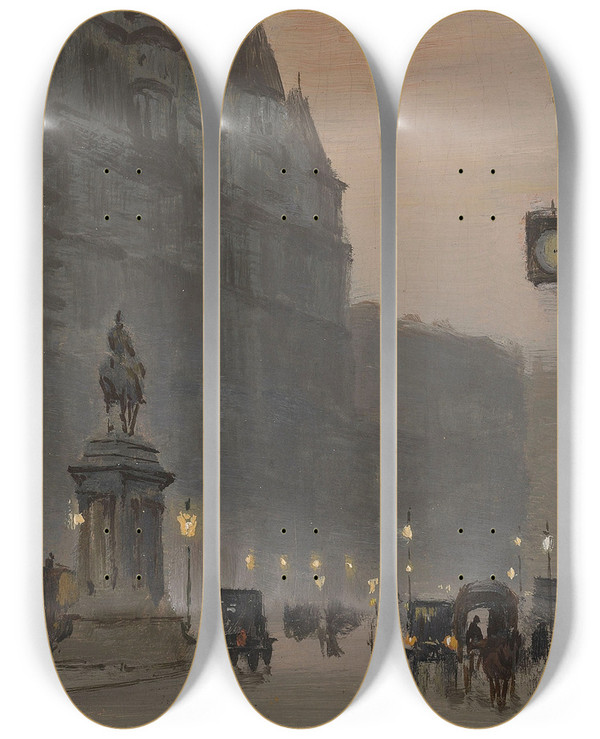 Triptych art skateboard deck of George Hyde Pownall In Knightsbridgegeorge Hyde Pownall 18761932 In Knightsbridge And Down Piccadilly By The Green Park by George Hyde Pownall (1866-1939)