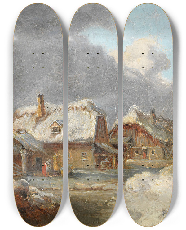 Triptych art skateboard deck of Heinrich Brkel Die Huser Von Forstenried Im Winter by Heinrich Burkel (1802-1869)