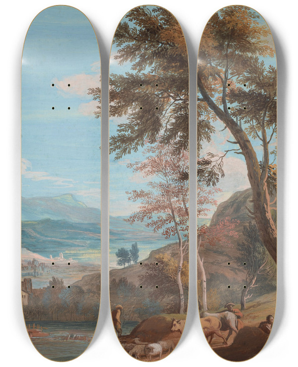 Triptych art skateboard deck of Marco Ricci Farmers And Cattle By A River by Marco Ricci (1676-1729)