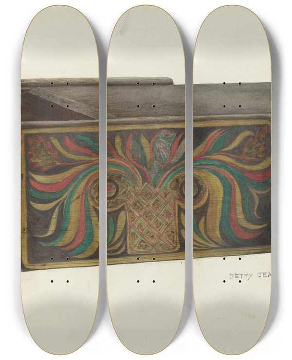 Triptych art skateboard deck of Betty Jean Davis Wood Box by Betty Jean Davis