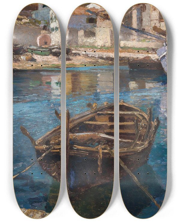 Triptych art skateboard deck of Leontine Von Littrow Fishing Boats In The Harbour by Leontine Von Littrow (1860-1914)