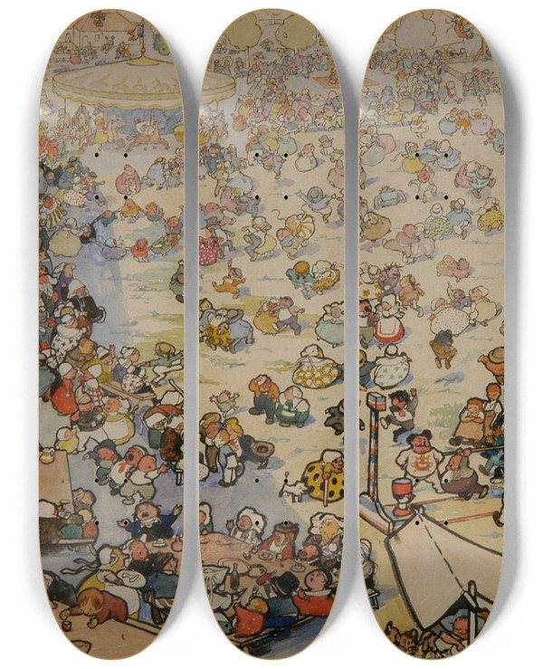 Triptych art skateboard deck of Andr Victor Douard Devambez La Foire De Pque by Andr Victor douard Devambez (1867-1943)