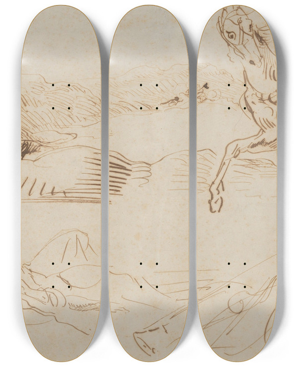 Triptych art skateboard deck of Eugne Delacroix Fallen Warriors And A Runaway Horse by Eugene Delacroix (1798-1863)
