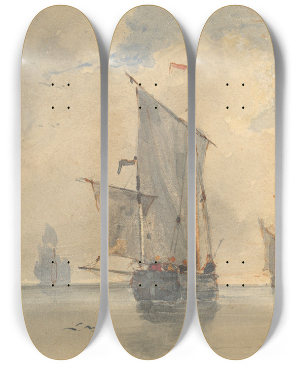 Triptych art skateboard deck of Louis Franois Thomas Francia Fishing Luggers Chassemare Making Sail Off Calais by Francois Louis Thomas Francia (1772-1839)