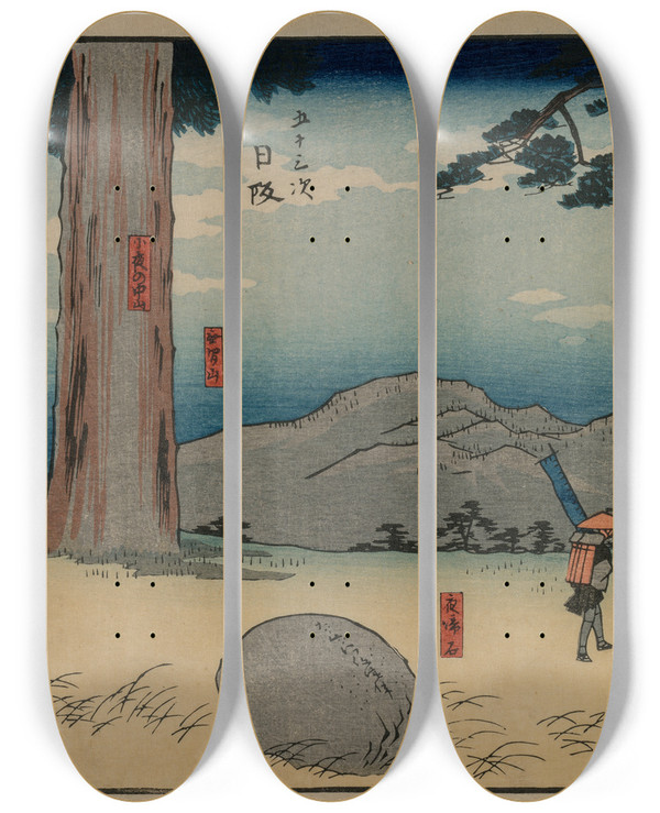 Triptych art skateboard deck of And Hiroshige Nissaka The Nightweeping Stone At Sayo No Nakayama From The Series The Fiftythree Stations Of The Tkaid by Ando Hiroshige (1797-1858)