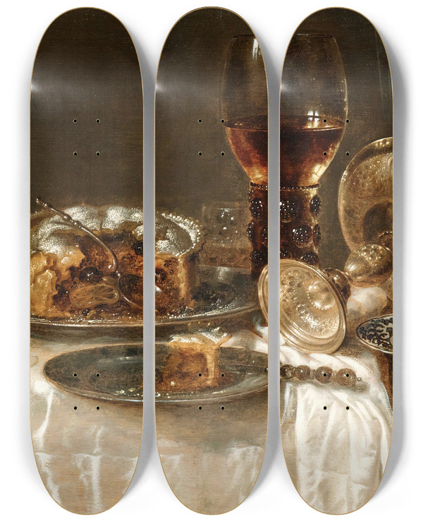 Triptych art skateboard deck of Willem Claesz Heda Olives In A Blue And White Porcelain Bowl A Roemer Wine Glasses An Overturned Silver Tazza And A Meatpie by Willem Claesz Heda (1594-1680)
