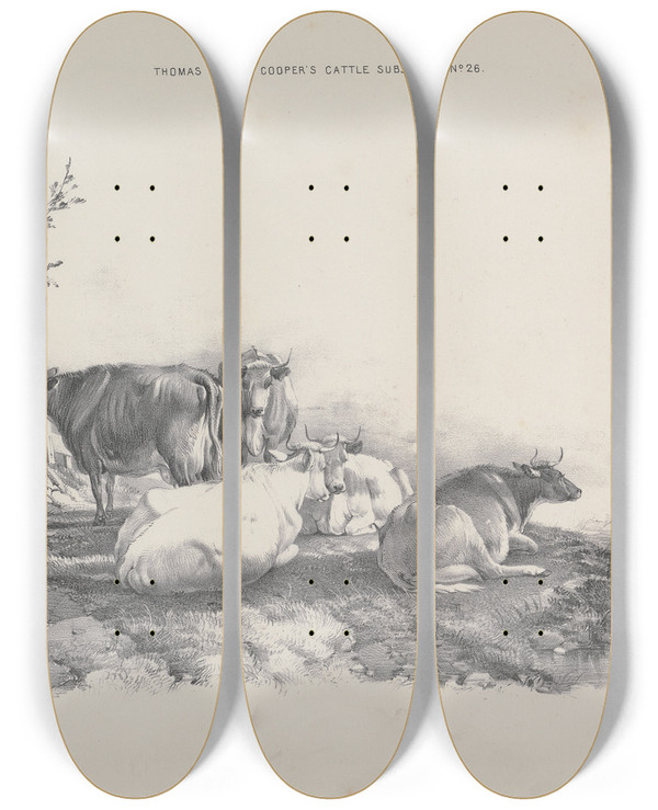 Triptych art skateboard deck of Thomas Sidney Cooper Thomas Sydney Coopers Cattle Subjects Pl26 by Thomas Sidney Cooper (1803-1902)