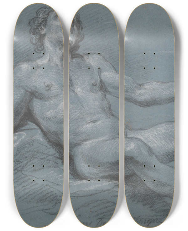 Triptych art skateboard deck of Louis De Boullogne The Younger Seated Male Nude by Louis de Boullogne the Younger (1654-1733)