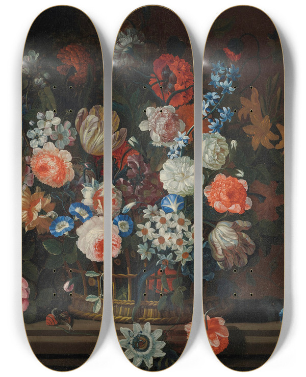 Triptych art skateboard deck of Simon Hardim Flowers In A Wicker Basket On A Stone Ledge by Simon Hardime (1672-1737)