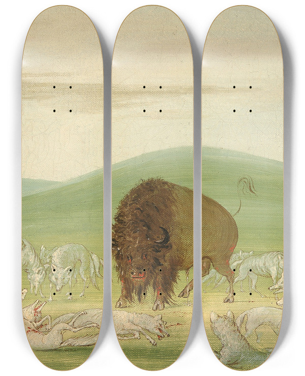Triptych art skateboard deck of George Catlin Wounded Buffalo Bull Surrounded By White Wolves by George Catlin (1796-1872)