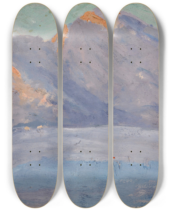 Triptych art skateboard deck of Ernst Schiess Bare Hills In The Evening Glow by Ernst Schiess (1872-1919)
