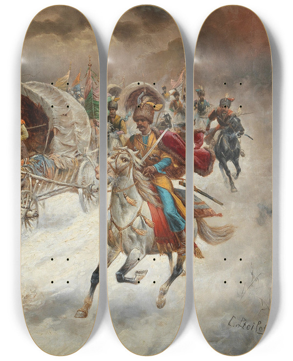 Triptych art skateboard deck of Adolf Baumgartnerstoiloff A Cossack Caravan In A Winter Landscape by Adolf Baumgartner Stoiloff (1850-1924)