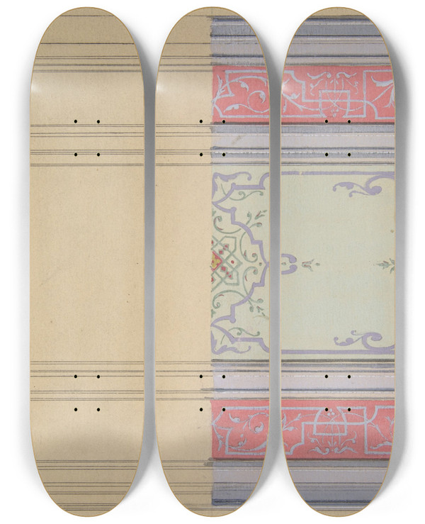 Triptych art skateboard deck of Julesedmondcharles Lachaise Design For The Painted Decoration Of A Ceiling In Strapwork And Rinceaux by Jules-Edmond-Charles Lachaise (1897)
