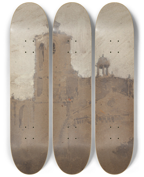 Triptych art skateboard deck of Ross Sterling Turner Cathedral by Ross Sterling Turner (1847-1915)