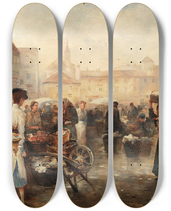 Triptych art skateboard deck of Emil Barbarini Flower Market In Krems by Emil Barbarini (1855-1933)