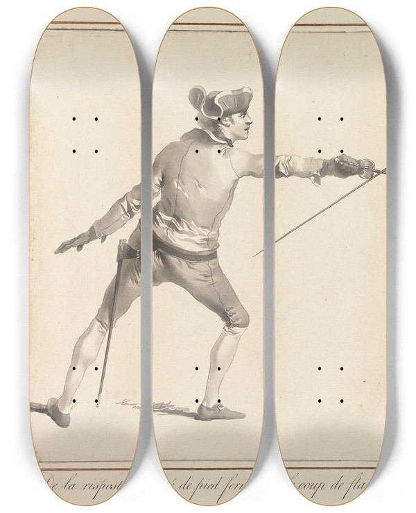 Triptych art skateboard deck of James Gwin De La Risposte Du Cav De Pied Ferme Sur Le Coup De Flanconnade A Ceux Qui Nopposent Pas De La Main Gauche by James Gwin (1720-1769)