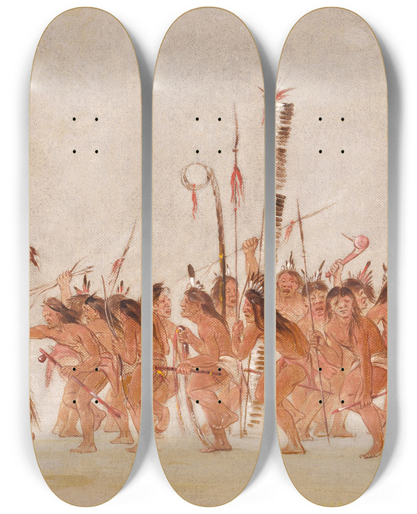 Triptych art skateboard deck of George Catlin Braves Dance Ojibwa by George Catlin (1796-1872)