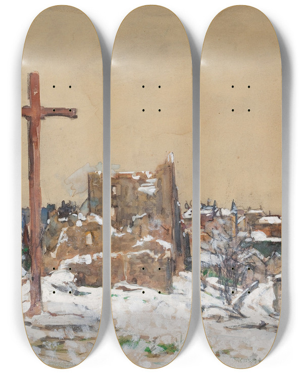 Triptych art skateboard deck of Harvey T Dunn Cross On A Winter Hilltop by Harvey T Dunn (1884-1952)