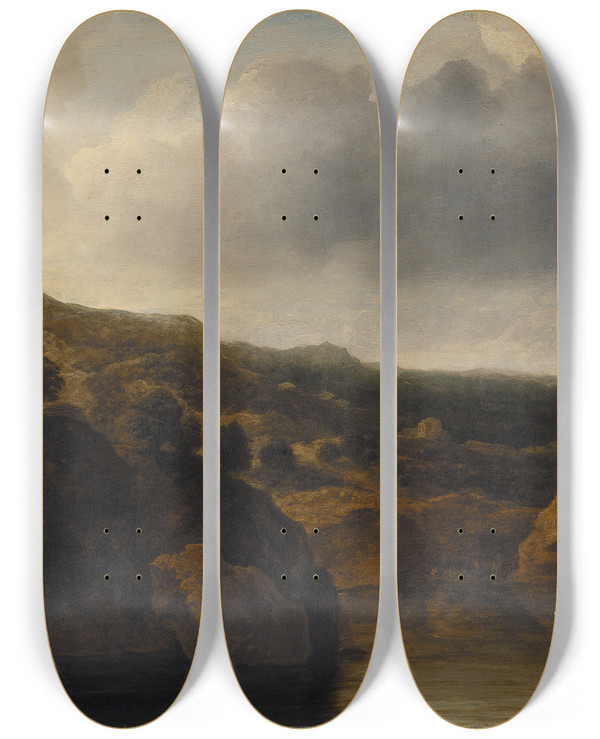 Triptych art skateboard deck of Allaert Van Everdingen Shore With Steep Cliffs by Allaert Van Everdingen (1621-1675)