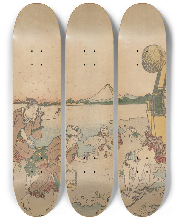 Triptych art skateboard deck of Katsukawa Shunch Scene On Beach by Katsukawa Shuncho (1783-1795)