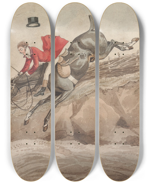 Triptych art skateboard deck of Henry Thomas Alken Doing The Thing And The Thing Done Doing The Down Leap by Henry Thomas Alken (1785-1851)