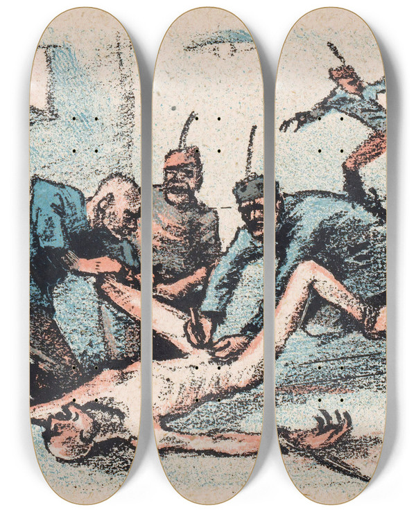 Triptych art skateboard deck of Mihly Bir Soldaten Verminken Een Naakte Man by Mihaly Biro (1886-1949)