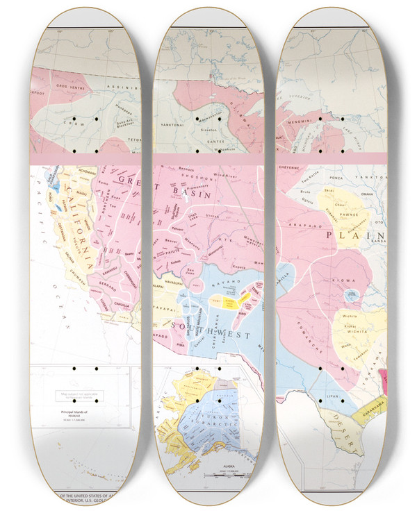 Triptych art skateboard deck of Us Information Agency Early Indian Tribes Culture Areas And Linguistic Stocks Smithsonian Institution 1967 by U S Information Agency (1953-1999)