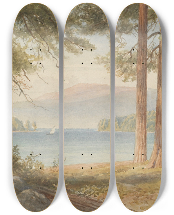Triptych art skateboard deck of Harold Palmer Through The Trees by Harold Palmer