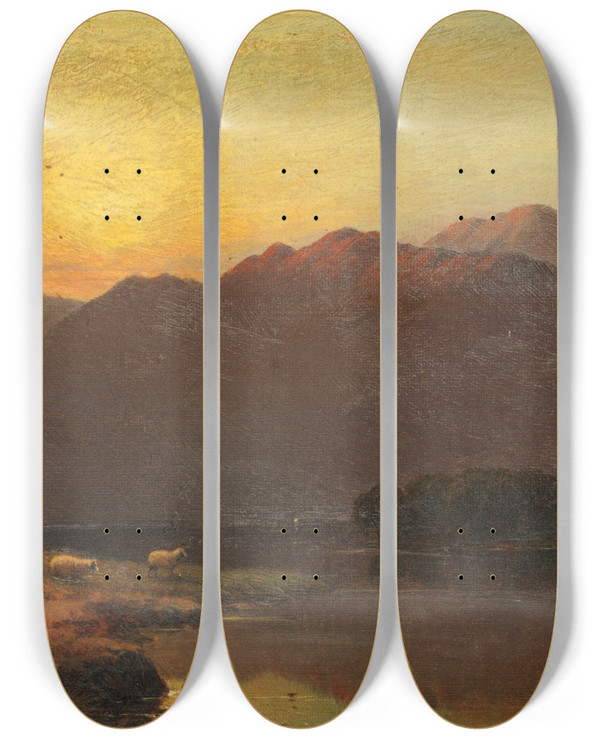 Triptych art skateboard deck of Alfred De Branski Summers Evening Llyn Gwynant North Wales by Alfred De Breanski (1852-1928)