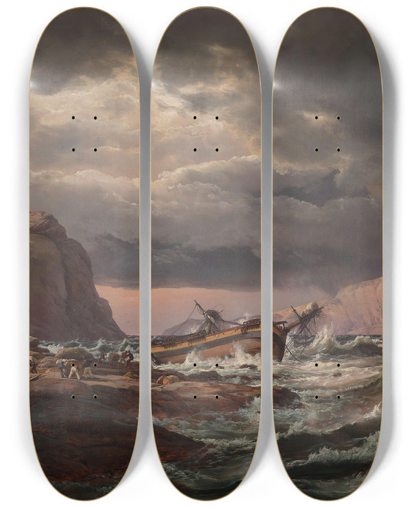 Triptych art skateboard deck of Johan Christian Dahl Shipwreck On The Coast Of Norway by Johan Christian Dahl (1788-1857)