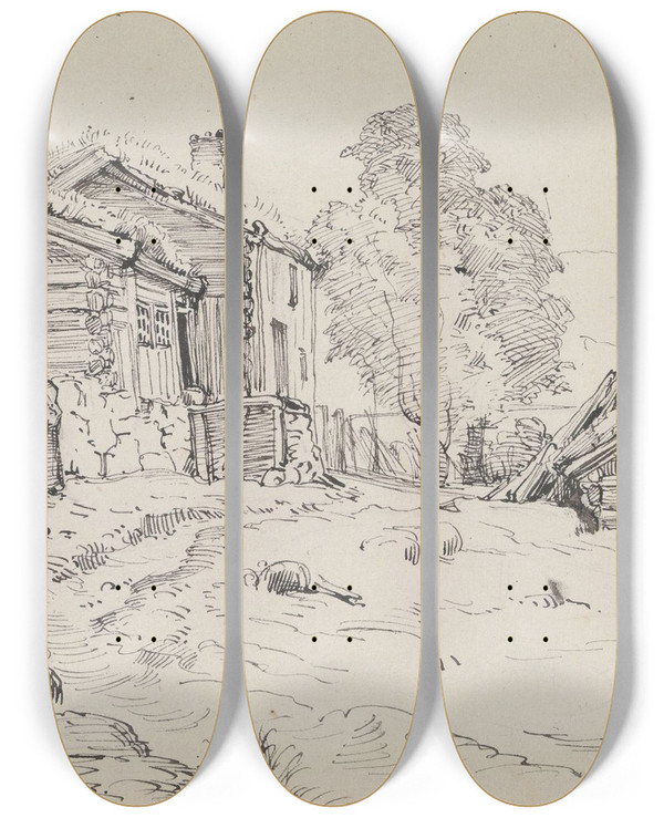 Triptych art skateboard deck of Christian Skredsvig Fire Barn P Tun by Christian Skredsvig (1854-1924)