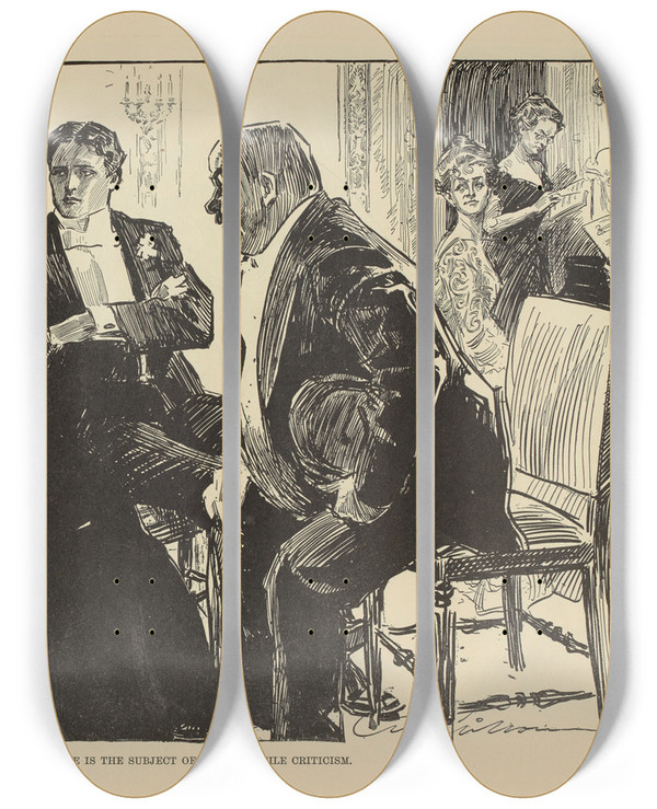 Triptych art skateboard deck of Charles Dana Gibson She Is The Subject Of More Hostile Criticism by Charles Dana Gibson (1867-1944)
