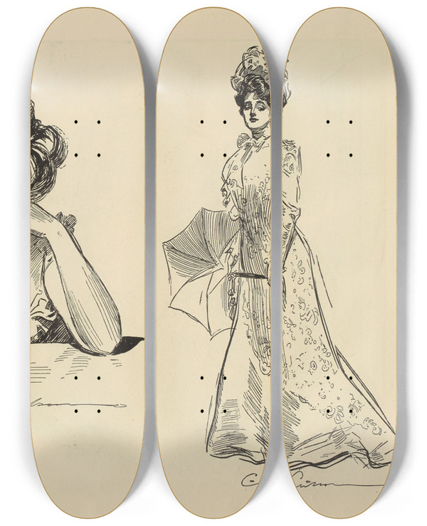Triptych art skateboard deck of Charles Dana Gibson Untitled_83 by Charles Dana Gibson (1867-1944)