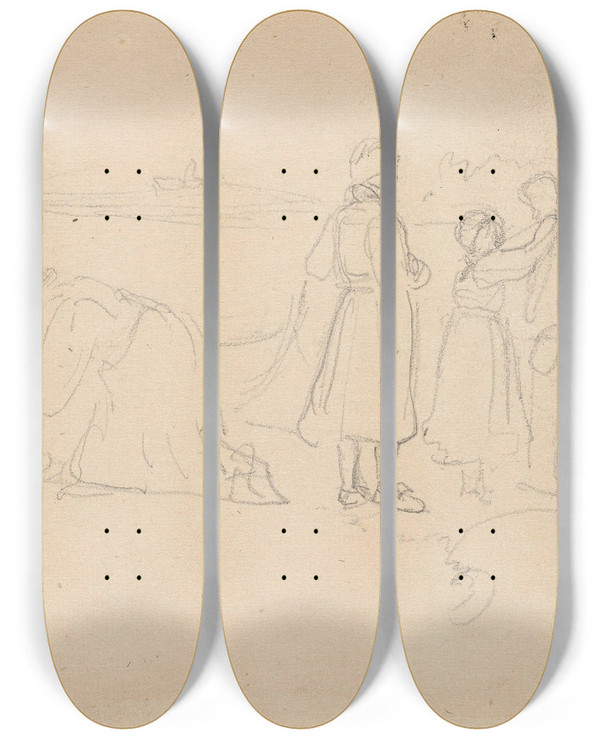 Triptych art skateboard deck of Adolph Tidemand Kvinner P Stranden by Adolph Tidemand (1814-1876)