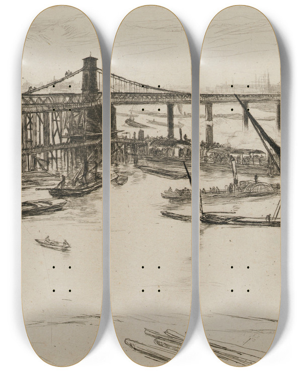 Triptych art skateboard deck of James Abbott Mcneill Whistler Old Hungerford Bridge_1 by James Abbott Mcneill Whistler (1834-1903)
